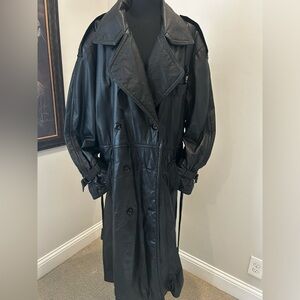 Vintage 80s Men’s Leather Trench Coat. Double Breasted Belted Black Leather